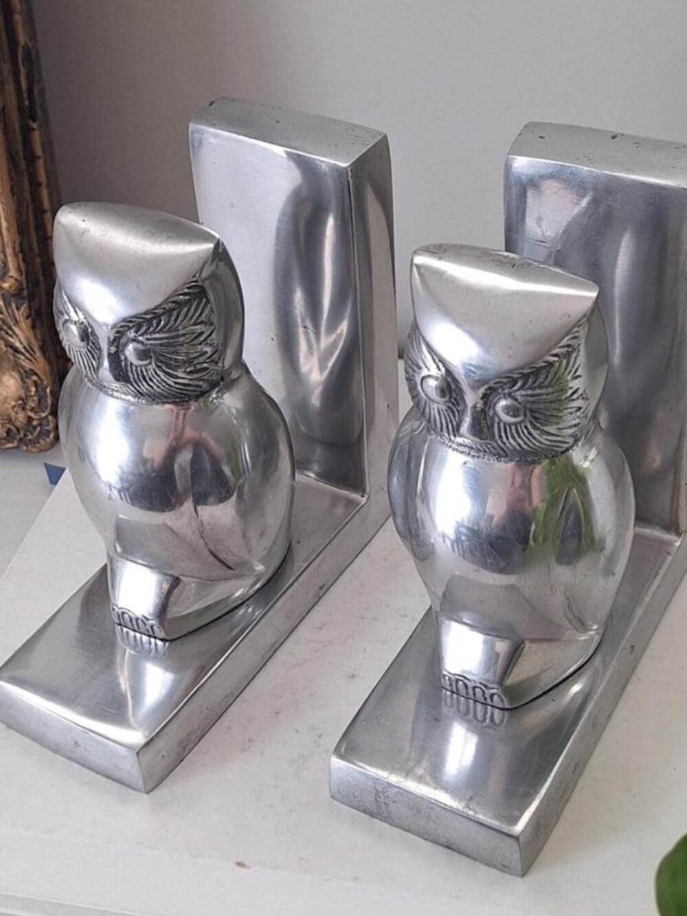 Vintage owl bird bookends metal silver color pair book ends set bird statue